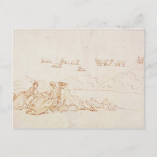 A Picnic: Two Ladies and a Gentleman (brown wash w Postcard