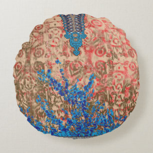a picture of a blue and beige scarf round cushion