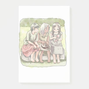 A picture of a three naked-footed girl sitting in  post-it notes