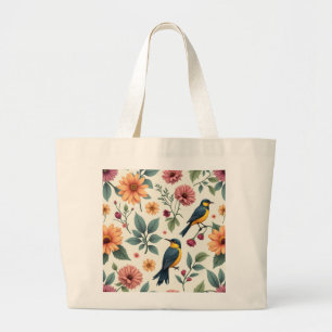 a picture of pretty flowers and birds large tote bag