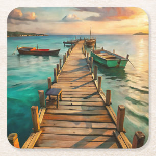 A Pier with Boats Square Paper Coaster