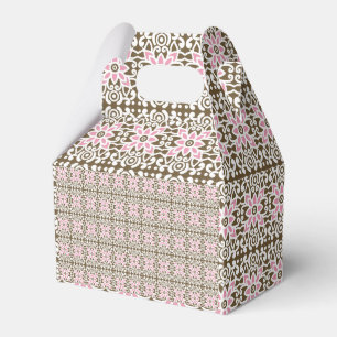 a pink and brown pattern on a white background favour box