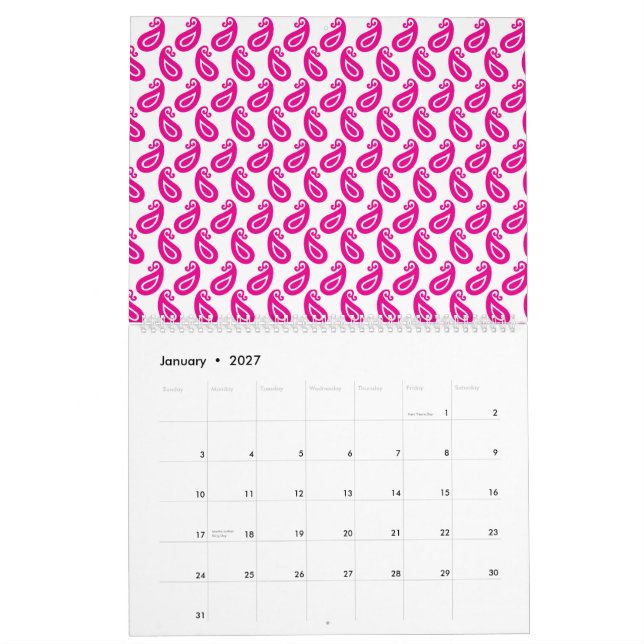 a pink and white background with a pattern calendar (Jan 2027)