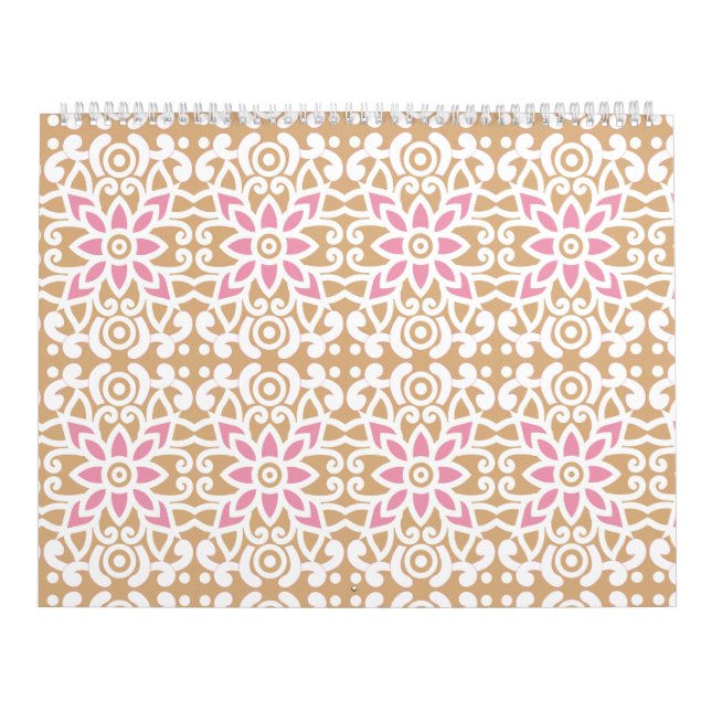 a pink and white flower pattern on a brown backgro calendar (Cover)