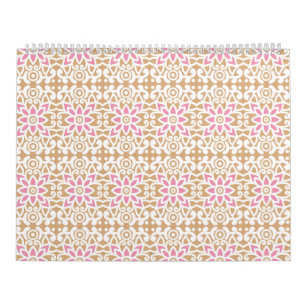 a pink and white flower pattern on a brown backgro calendar