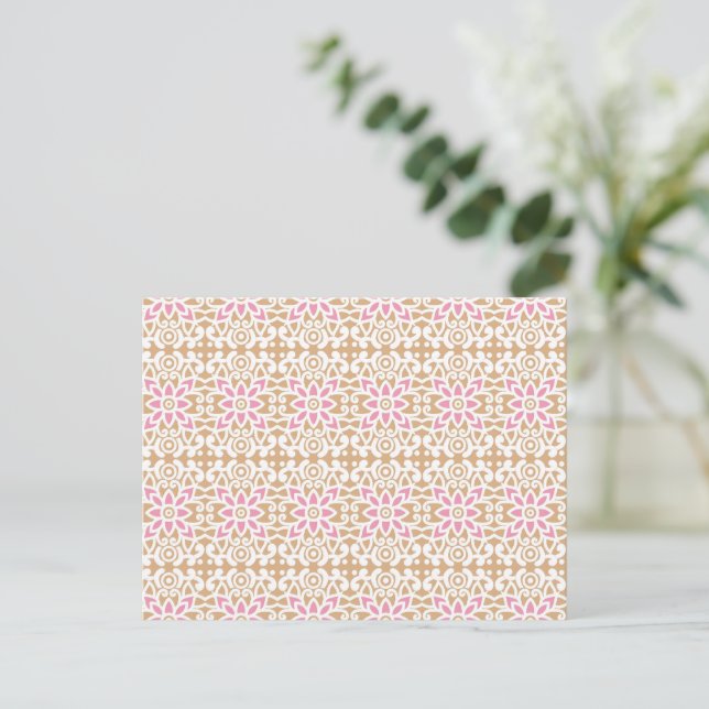 a pink and white flower pattern on a brown backgro postcard (Standing Front)
