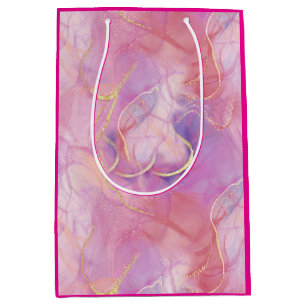 A Pink and White Marble Finish with Brushed Gold Medium Gift Bag