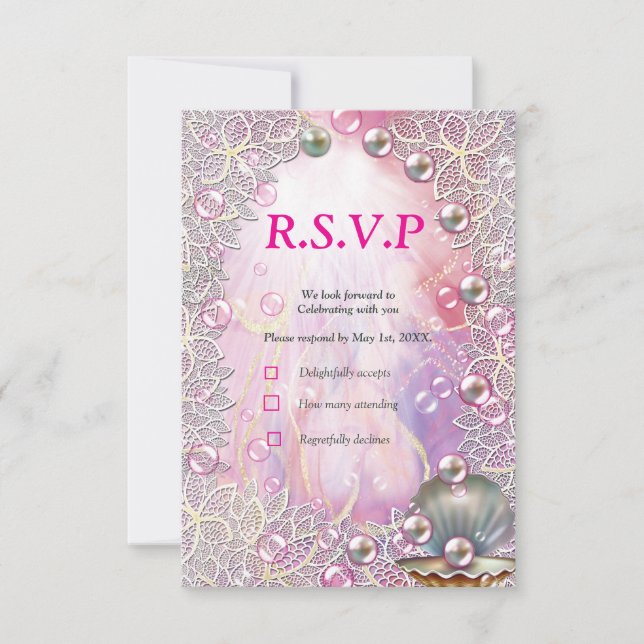 A Pink and White Marble Finish with Brushed Gold  RSVP Card (Front)