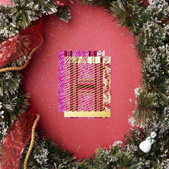 a pink and white wallpaper with a cross on it foil holiday postcard (Insitu)