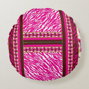 a pink and white wallpaper with a cross on it round cushion