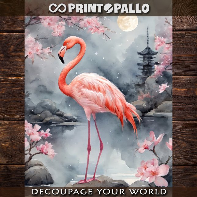 A pink flamingo in a japanese lake - Decoupage  Wrapping Paper Sheet (Creator Uploaded)