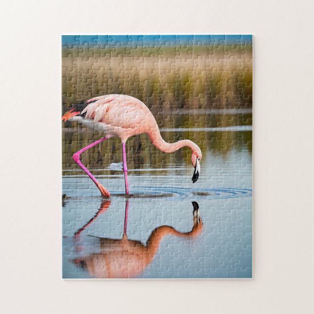 A Pink Flamingo Seeing Its Reflection in the Water Jigsaw Puzzle (Vertical)