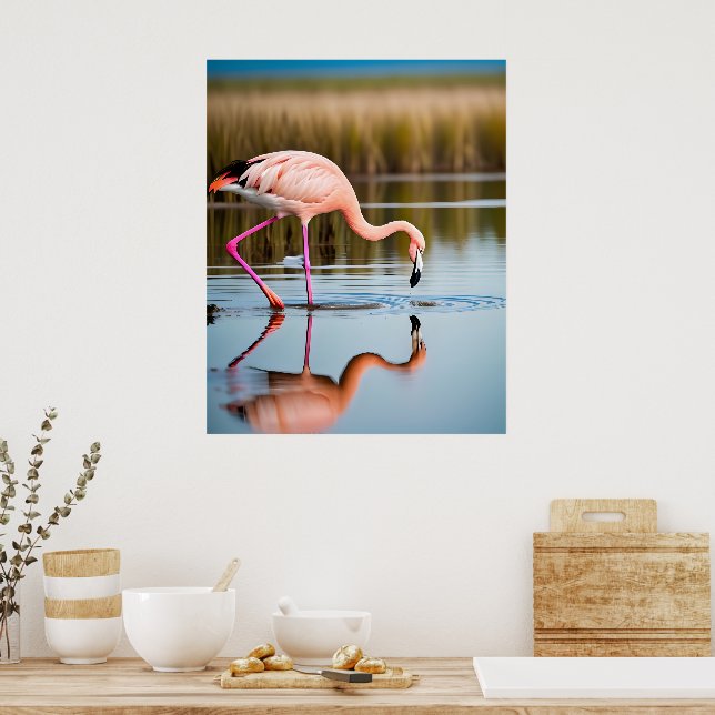 A Pink Flamingo Seeing Its Reflection in the Water Poster (Kitchen)