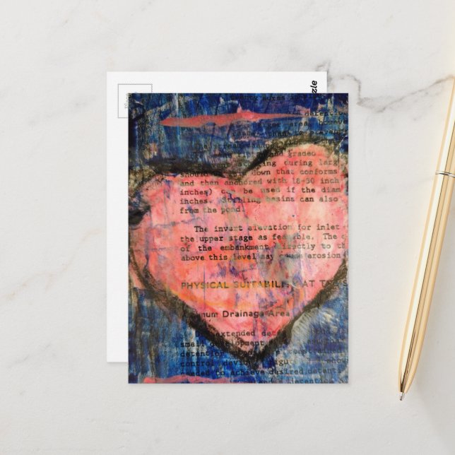  a Pink Heart On Blue Mixed Media Collage Postcard (Front/Back In Situ)