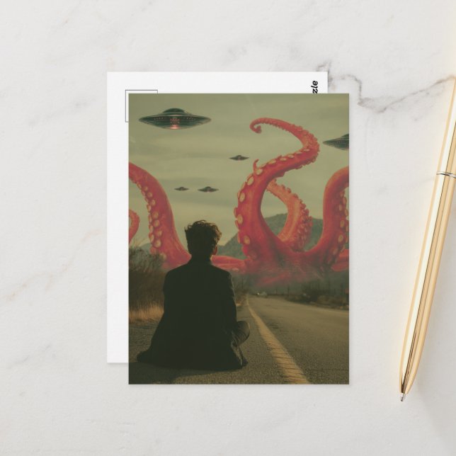 A pink octopus and UFOs Person sitting on roadside Postcard (Front/Back In Situ)