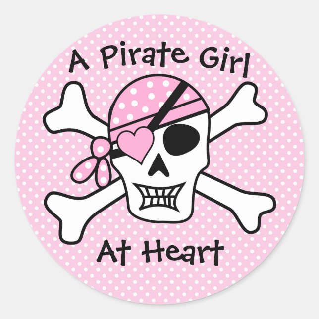 A Pirate Girl At Heart Cute Pink Girly Polka Dot  Classic Round Sticker (Front)