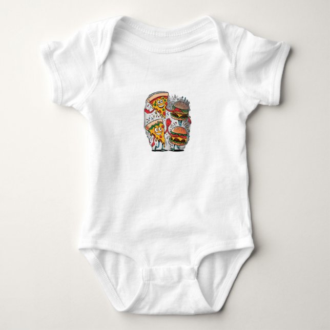 A pizza slice high-fiving a burger. baby bodysuit (Front)