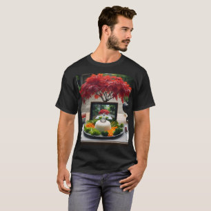 a plate of food and a camera on a table with a tv  T-Shirt