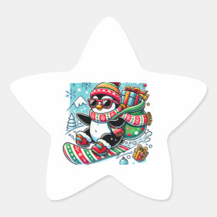 A playful cartoon penguin wearing a festive winter star sticker