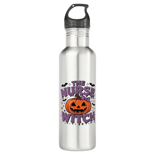 A playful design featuring a pumpkin witch with a  710 ml water bottle (Front)