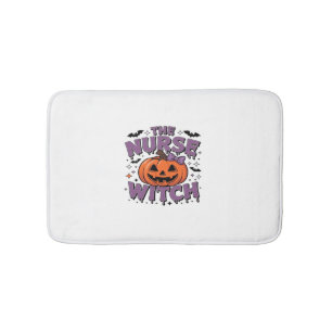 A playful design featuring a pumpkin witch with a bath mat