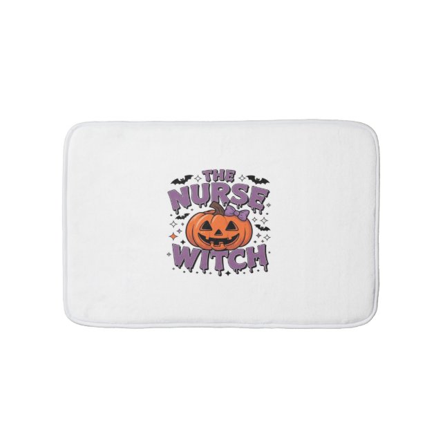 A playful design featuring a pumpkin witch with a  bath mat (Front)