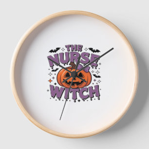 A playful design featuring a pumpkin witch with a  clock