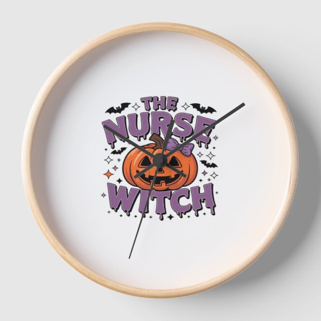 A playful design featuring a pumpkin witch with a  clock (Front)