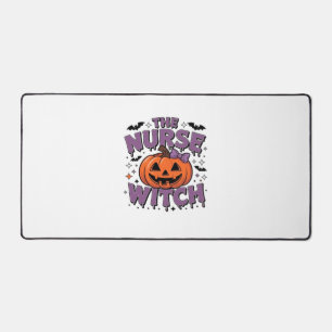 A playful design featuring a pumpkin witch with a desk mat