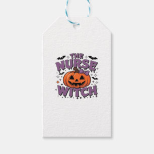A playful design featuring a pumpkin witch with a  gift tags