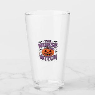 A playful design featuring a pumpkin witch with a glass