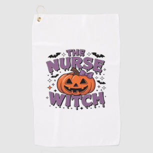 A playful design featuring a pumpkin witch with a golf towel