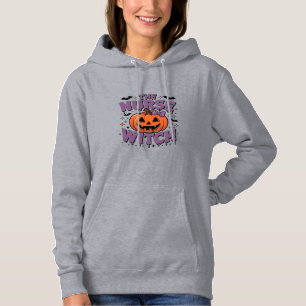 A playful design featuring a pumpkin witch with a hoodie