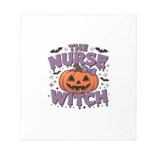 A playful design featuring a pumpkin witch with a notepad