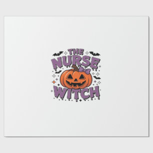 A playful design featuring a pumpkin witch with a wrapping paper