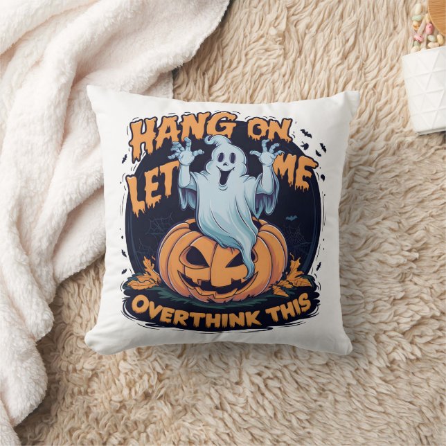 A playful ghost overthinking by a carved pumpkin cushion (Blanket)