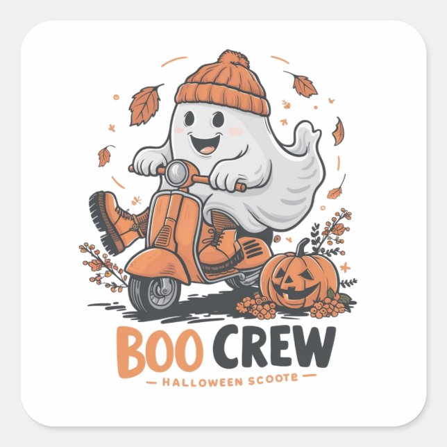 A playful ghost riding a scooter square sticker (Front)