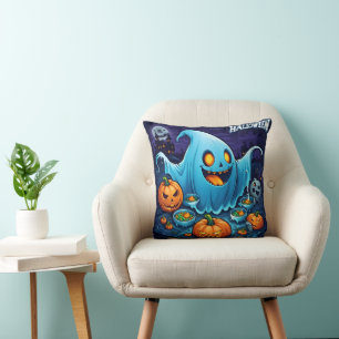 A playful Halloween ghost with pumpkins at night Cushion