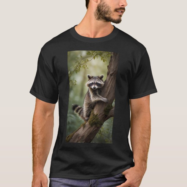 A playful racoon climbing up a tree in a forest T-Shirt (Front)