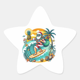 A playful Santa Claus surfing on a wave Hawaiian Star Sticker