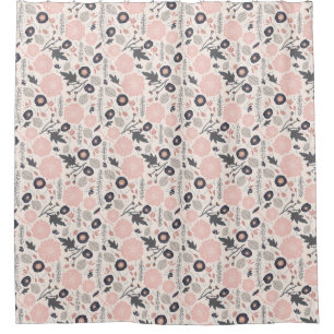 A Playful Tossed Floral Pattern Grey Pink Black Shower Curtain