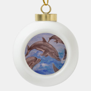 A Pod of Playful Jumping Dolphins Ceramic Ball Christmas Ornament