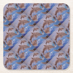 A Pod of Playful Jumping Dolphins Square Paper Coaster