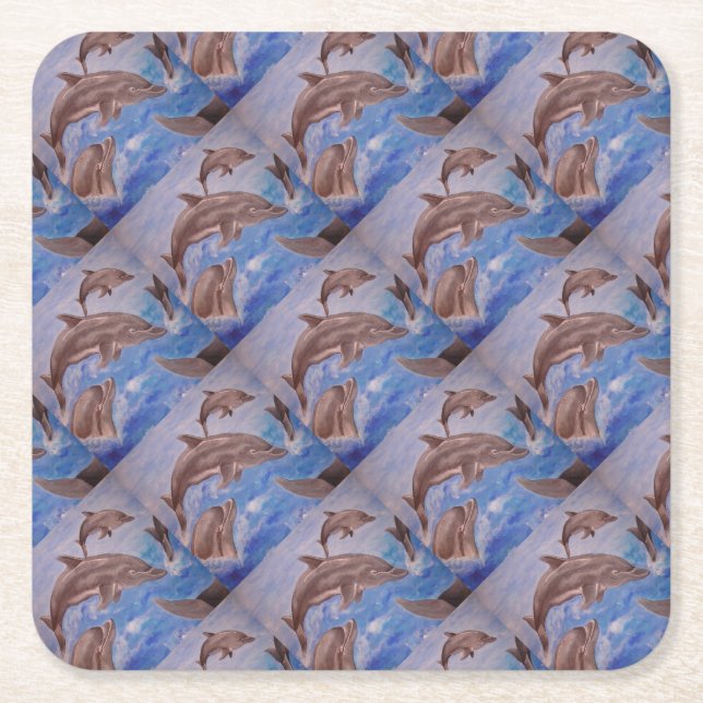 A Pod of Playful Jumping Dolphins Square Paper Coaster (Front)