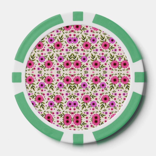 A poker chip with a floral pattern in pink  (Front)