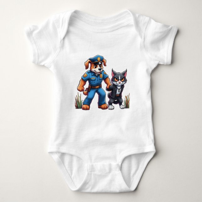 a police dog and a mean cat - humour baby bodysuit (Front)