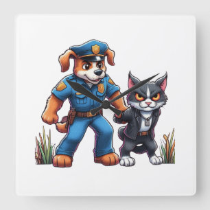 a police dog and a mean cat - humour square wall clock