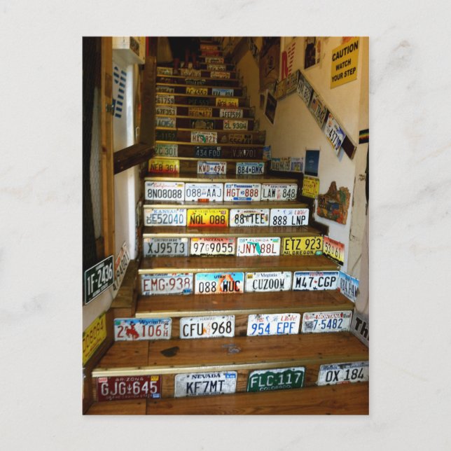 A postcard of stairs made with license plates (Front)
