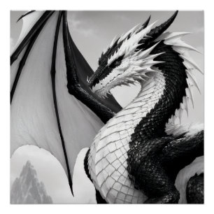 A powerful black and white dragon design featuring poster