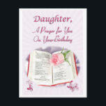 A prayer for a Daughter on her Birthday Postcard<br><div class="desc">A prayer for a daughter on her birthday. A delicate pink rosebud lying on an open bible. Put your own prayer inside.</div>